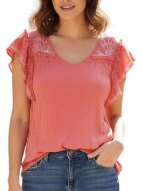 🧡 Knox Rose Womens Coral Flutter Sleeve Floral Embroidery XL